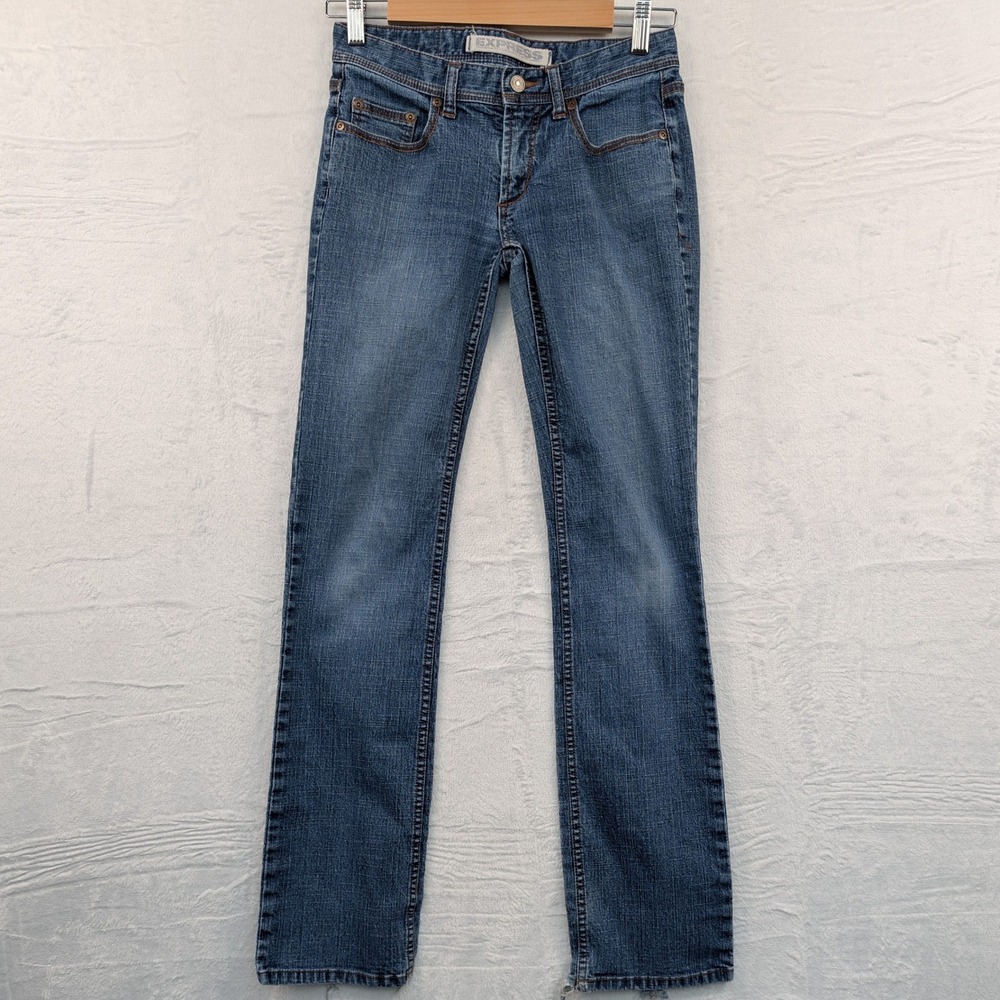 VTG Express Jeans Womens 29x32 Blue Slim Low Rise Bootcut Flare Indie Sleaze Y2K